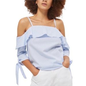 Topshop- Blue and White, Ruffle, Cold Shoulder Blouse, Size 8